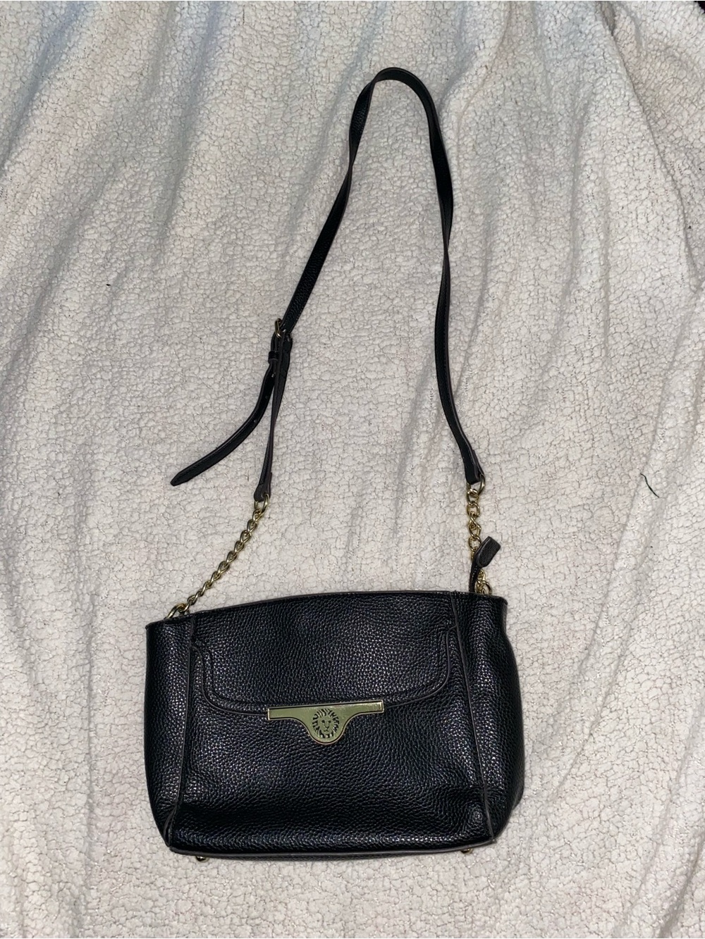 Anne Klein Black Pebbled Faux Leather Crossbody Shoulder Bag Gold Chain Strap